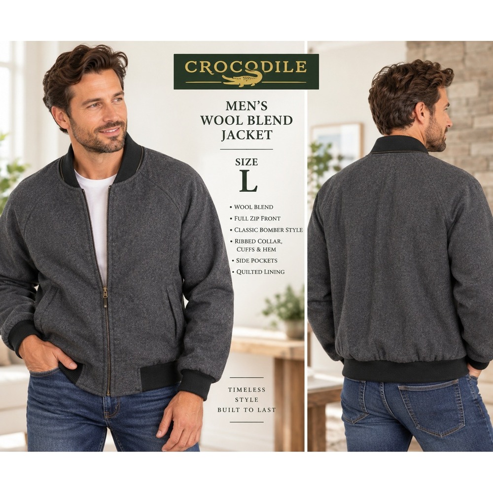 Vintage Crocodile Mens L Wool Blend Bomber Jacket Gray Quilted BJ-11542 #1922